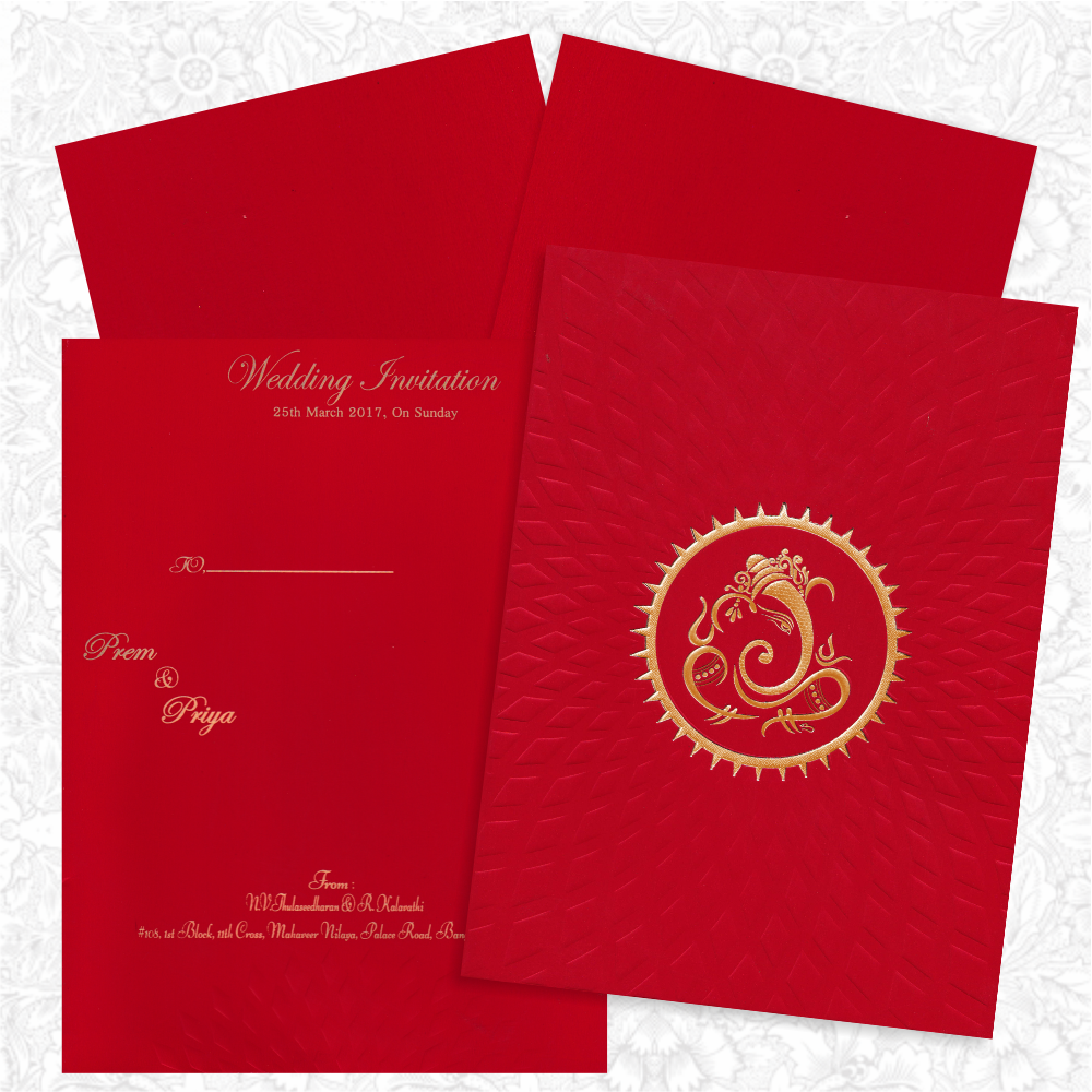 Royal Red Shading With Embossed Design Wedding Card - KNK2048-1